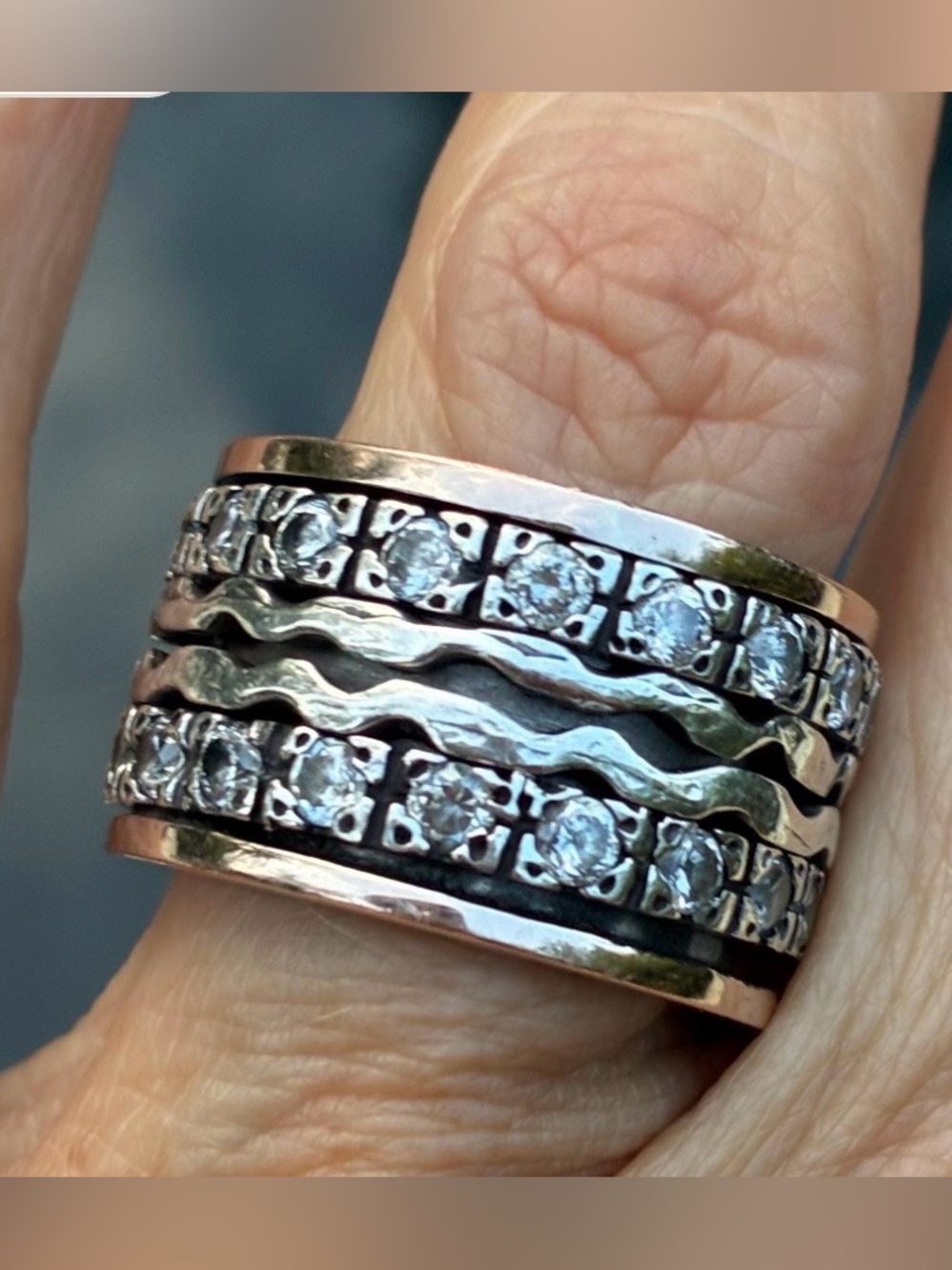 Sterling Silver 14K Gold CZ Spinner Ring Size 6